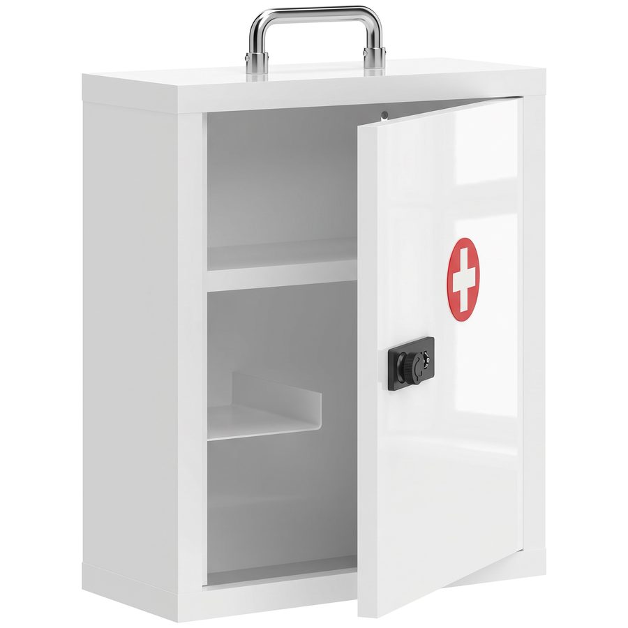 HOMCOM Medizinschrank, abschließbarer Medikamentenschrank mit Kombinationsschloss, 3 Ebenen, Erste-Hilfe-Schrank aus Stahl mit Griff für Küche, Flur, Wohnzimmer, 32 x 14 x 38 cm, Weiß   Aosom von HOMCOM