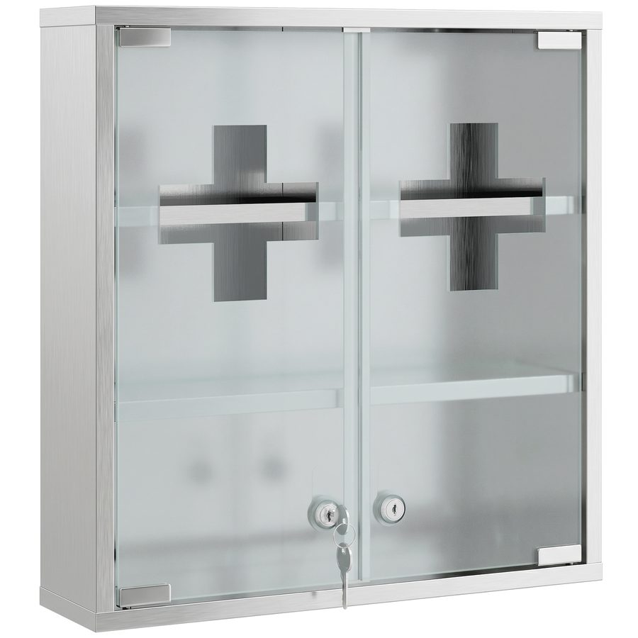 HOMCOM Medizinschrank, Abschließbarer Medikamentenschrank mit 2 Schlüsseln, 2 Glastüren und 6 Regalen, Apothekerschrank für Küche, Flur, Bad, Wohnzimmer, Stahl, 48 x 46 x 12 cm, Silber   Aosom von HOMCOM