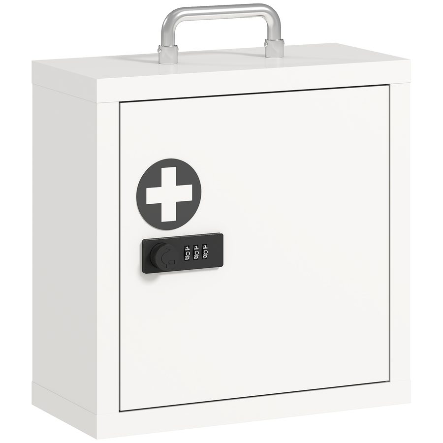 HOMCOM Medizinschrank, abschließbarer Medikamentenschrank mit Kombinationsschloss, Griff, 2 Ebenen, Erste-Hilfe-Schrank aus Edelstahl für Küche, Flur, Wohnzimmer, 30 x 14 x 30 cm, Weiß   Aosom von HOMCOM
