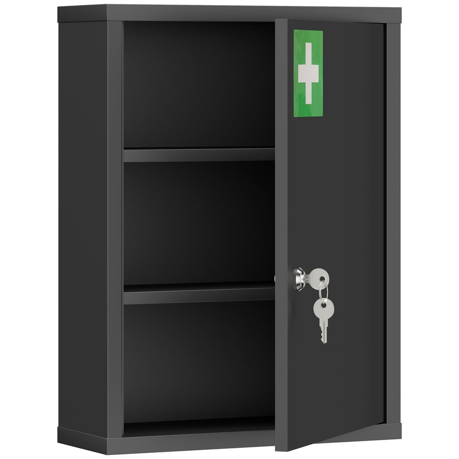 kleankin Medizinschrank, Apothekerschrank mit 3 Fächern, Medikamentenschrank, Abschließbarer Erste Hilfe Schrank mit 2 Schlüsseln, Stahl, Schwarz, 40 x 15 x 53,5 cm   Aosom von Kleankin