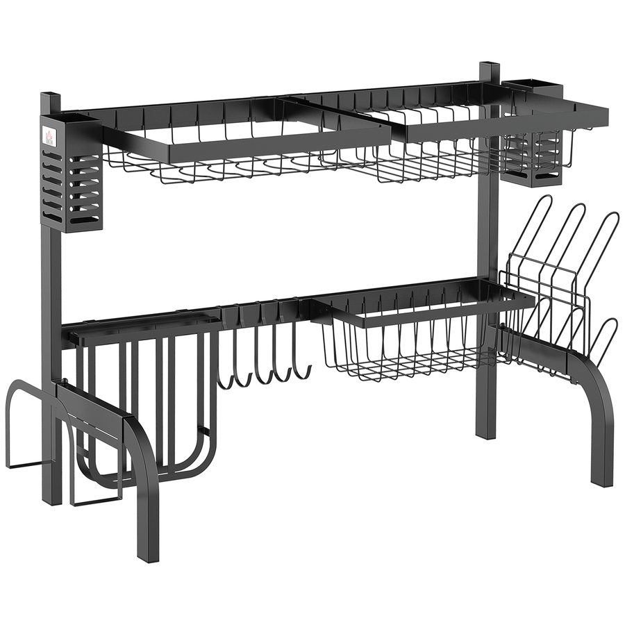 HOMCOM Abtropfgestell Geschirr, 2-stufiges Abtropfständer mit Haken, Tellerregal, Zubehör, 65 cm Abtropfgitter Gestell für Küchenspüle, Stahl, Schwarz   Aosom von HOMCOM