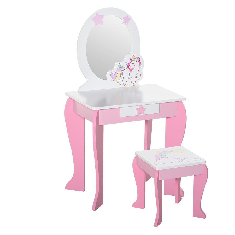 HOMCOM 2-Set Kinderschminktisch mit Hocker Frisiertisch Frisierkommode mit Schublade Spiegel für Kleinkind Mädchen Akryl Rosa+Weiß 49 x 34 x 90 cm   Aosom von HOMCOM