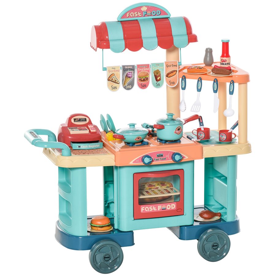 HOMCOM Kinderküche mit Zubehör 50-Teilige Spielküche Spielzeugküche Kunststoff Blau+Rot+Orange 79,5 x 33 x 90,5 cm   Aosom von HOMCOM