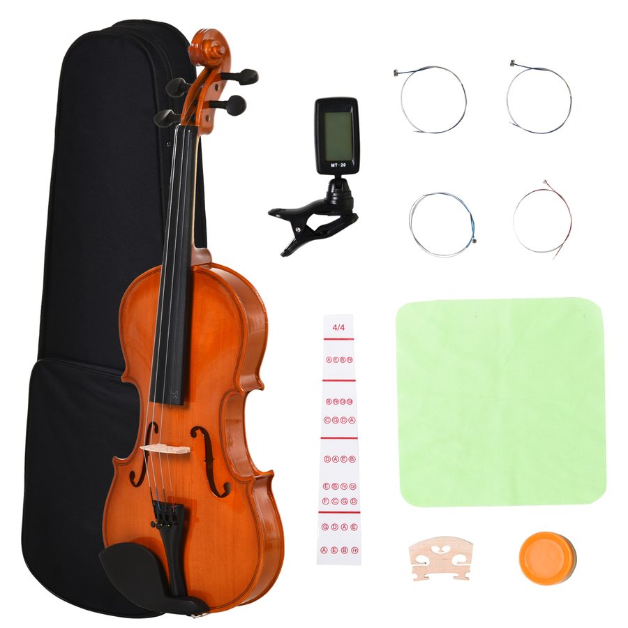 HOMCOM Violine 4/4 Fullsize mit Etui, Stimmgerät, Schulterstütze, Bogen, Kolophonium, Ersatzsaiten und Tuch aus Fichten-Sperrholz und Ahorn   Aosom von HOMCOM
