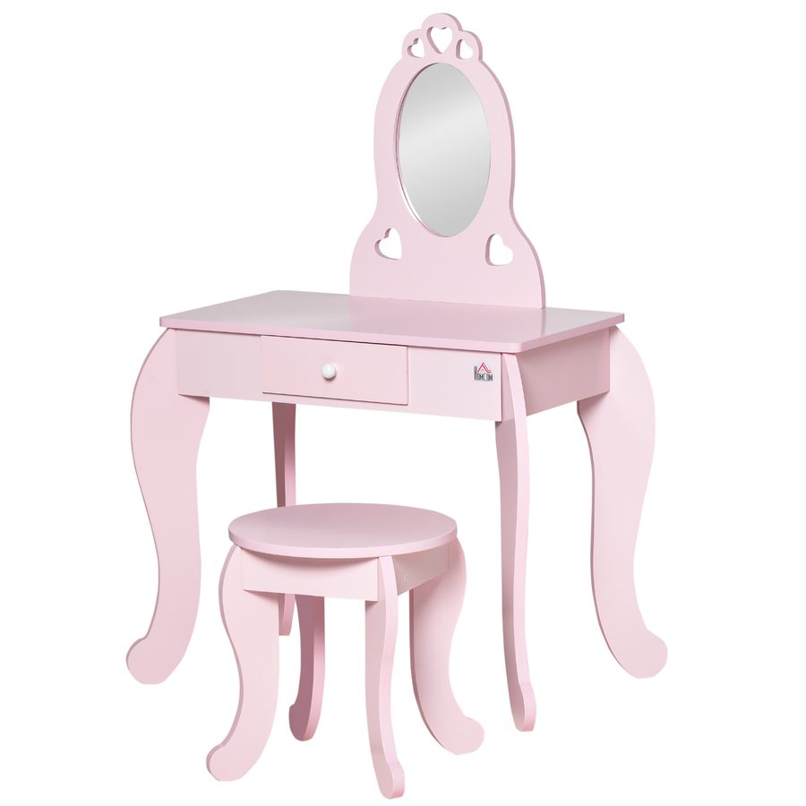 HOMCOM Kinder-Frisierkommode Mädchenhaftes Design mit Herzchenmotiven - Inkl. Hocker - Maße 60L x 36B x 88H cm - Schublade, Spiegel - MDF - Rosa   Aosom von HOMCOM