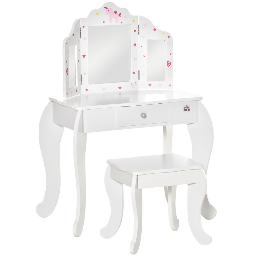 HOMCOM Kinderschminktisch mit Hocker Frisiertisch Frisierkommode mit Schublade Spiegel für Mädchen Akryl Rosa+Weiß 63 x 40 x 85,5 cm   Aosom von HOMCOM