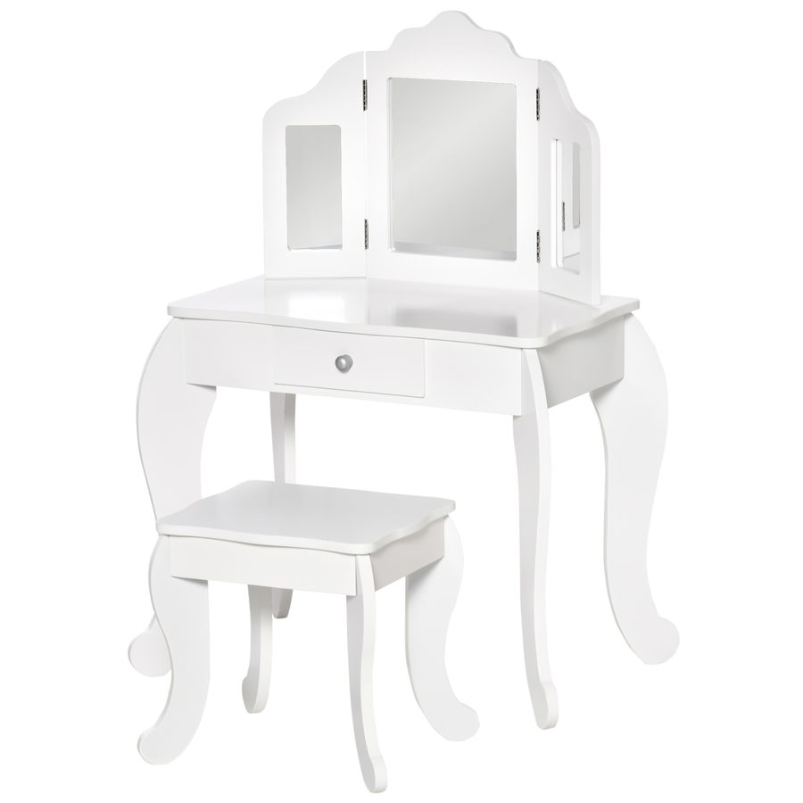 HOMCOM Kinderschminktisch mit Hocker, dreiteiligem Spiegel und ausziehbarer Schublade - Schminktisch Maße 63L x 40B x 85,5H cm - Weiß Acryl   Aosom von HOMCOM