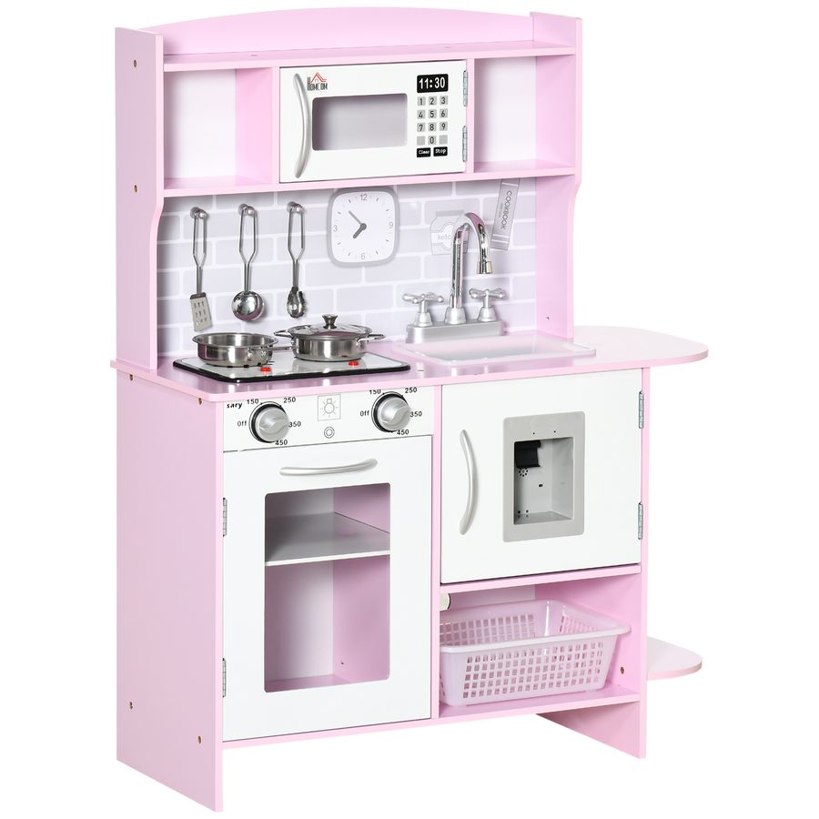 HOMCOM Kinderspielküche aus Holz, Spielküche mit Herd, Lichtern und Sounds, Mikrowelle, Wasserdispenser, Schränken, Spüle und Zubehör, 3-6 Jahre, Rosa   Aosom von HOMCOM