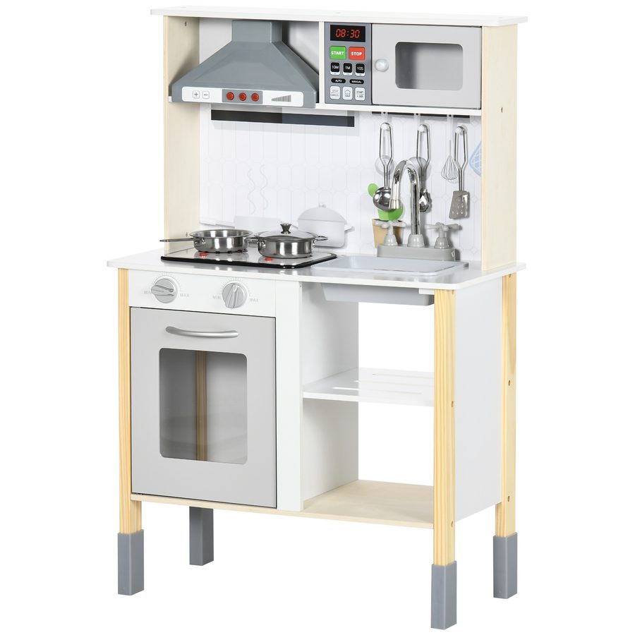 HOMCOM Spielküche für Kinder mit höhenverstellbarer Funktion, Soundeffekten, Lichtern und Zubehör, aus MDF und PP, 60x30,5x93,2 cm, Grau und Weiß   Aosom von HOMCOM