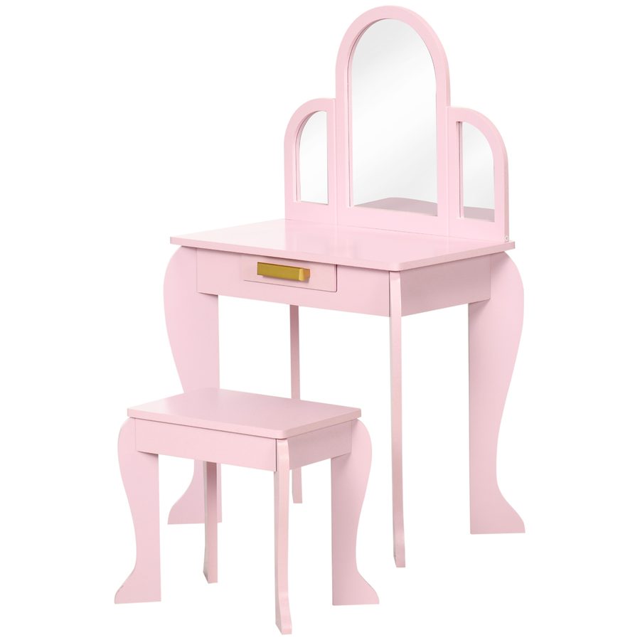 HOMCOM Kinder-Frisiertisch Schminktisch mit Hocker 3 Spiegel und Schublade 3-6 Jahre - 52 x 32 x 85 cm - Rosa   Aosom von HOMCOM
