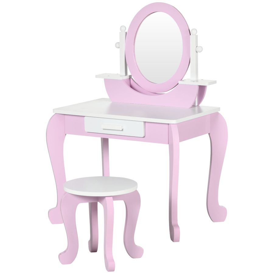 ZONEKIZ Kinder-Frisiertisch mit Hocker, Spiegel und Schublade 65,5 x 46 x 93 cm zweifarbig Rosa und Weiß   Aosom von ZONEKIZ