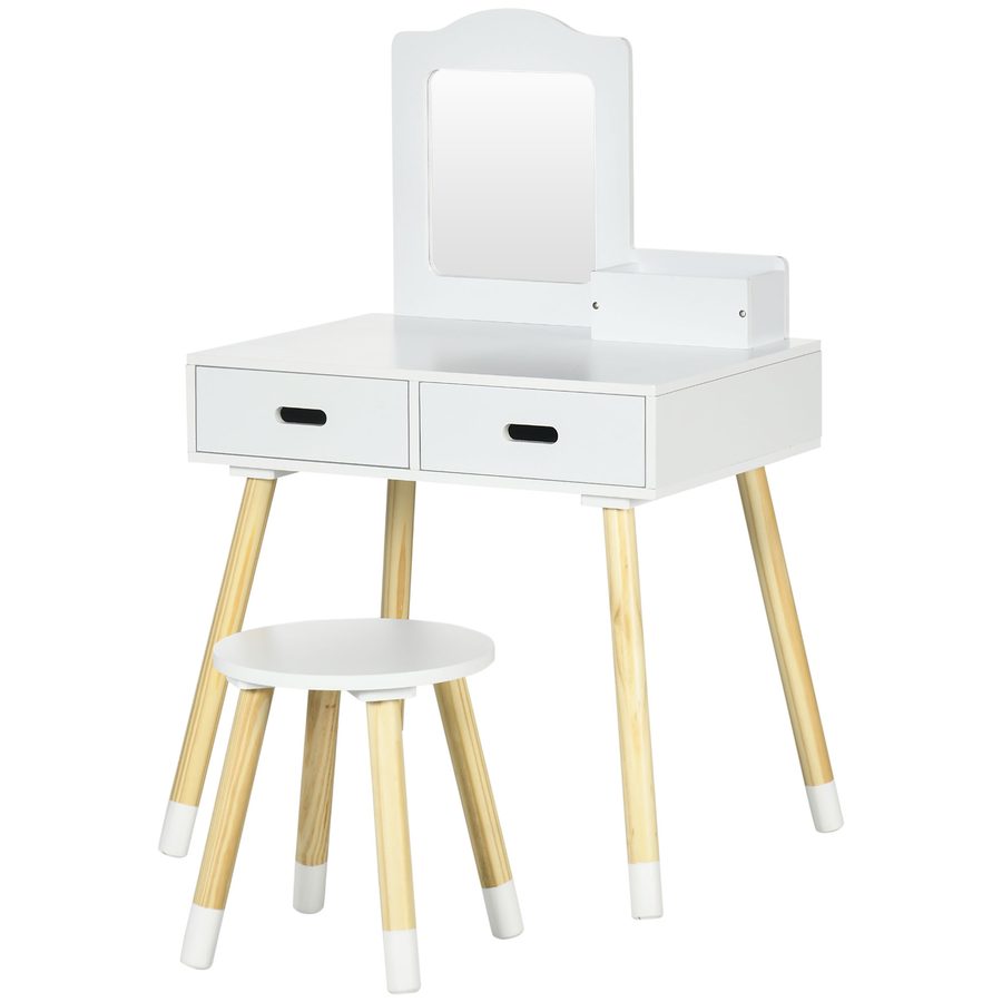 ZONEKIZ Kinder-Friseuse Schminktisch mit Hocker Spiegel und 2 Schubladen 3 bis 6 Jahre - 60 x 40 x 95 cm - Weiß und Holz   Aosom von ZONEKIZ