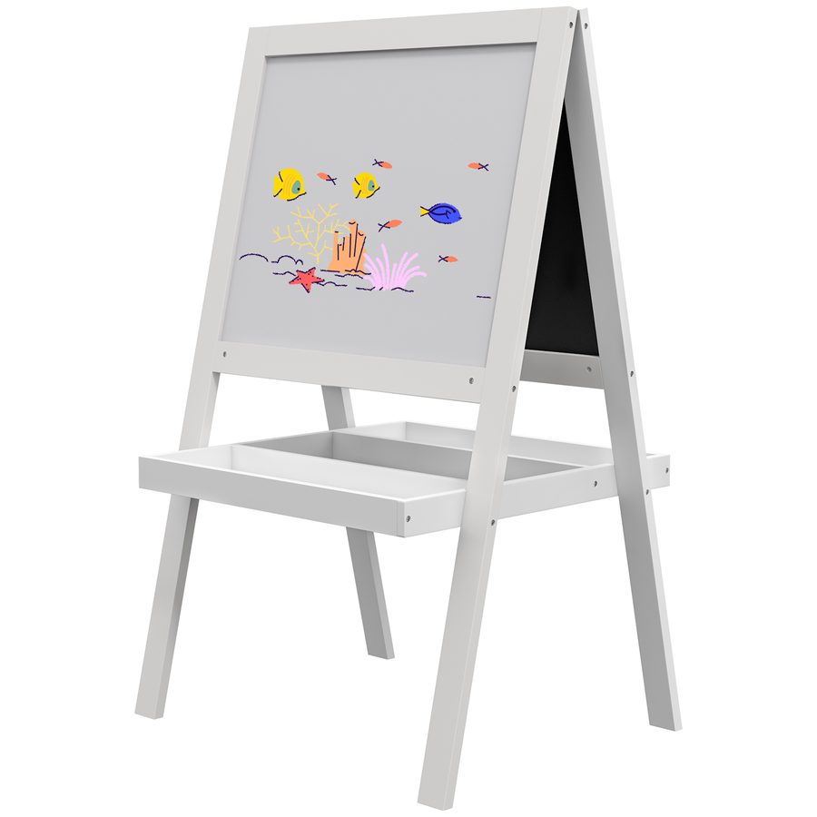 AIYAPLAY Kindertafel-Aufstellbild 2 in 1 - magnetische Kreidetafel und schwarze Tafel - 2 integrierte Aufbewahrungsfächer - weiß   Aosom von AIYAPLAY