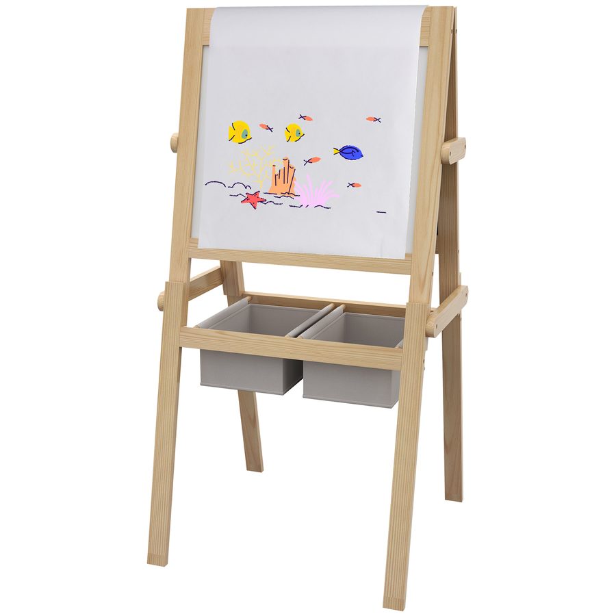 AIYAPLAY Kinderstaffelei - Doppelseitige Schiefertafel - Weiße Tafel Kreidetafel - Papierrolle + 2 integrierte Aufbewahrungskörbe - massives Naturkiefernholz   Aosom von AIYAPLAY