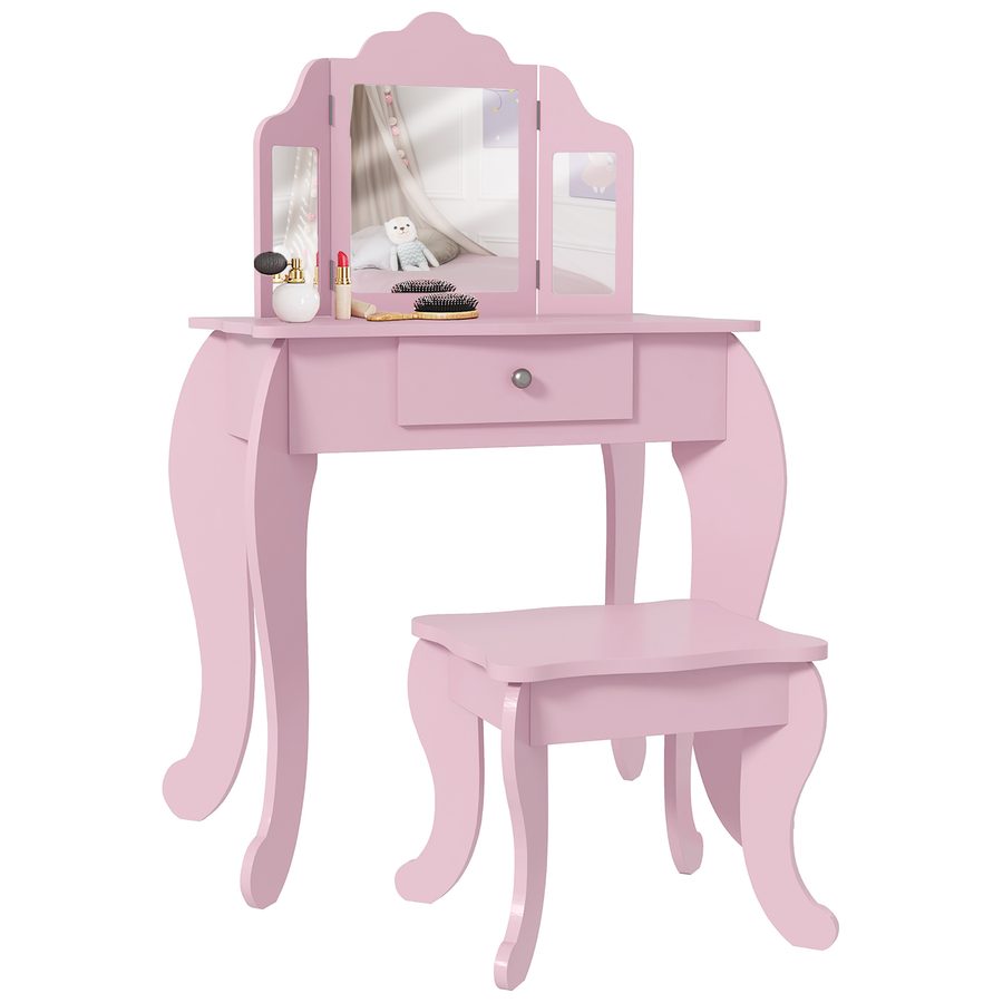 HOMCOM Kinderschminktisch mit Hocker und Verstellbarem Spiegel, Schminktisch für Mädchen mit Schublade, Kinderschminktisch für Kinder von 3-6 Jahren, Rosa   Aosom von HOMCOM
