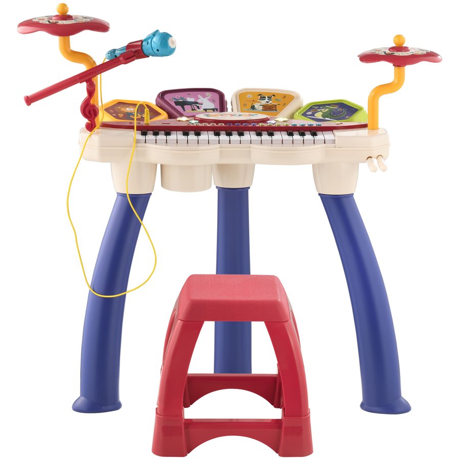 AIYAPLAY Kinderpiano, elektronisches Schlagzeug 2-in-1, 32 multifunktionale Tasten, mit Mikrofon und Hocker, USB- und MP3-Player, Musikinstrument für Kinder, Multicolor   Aosom von AIYAPLAY