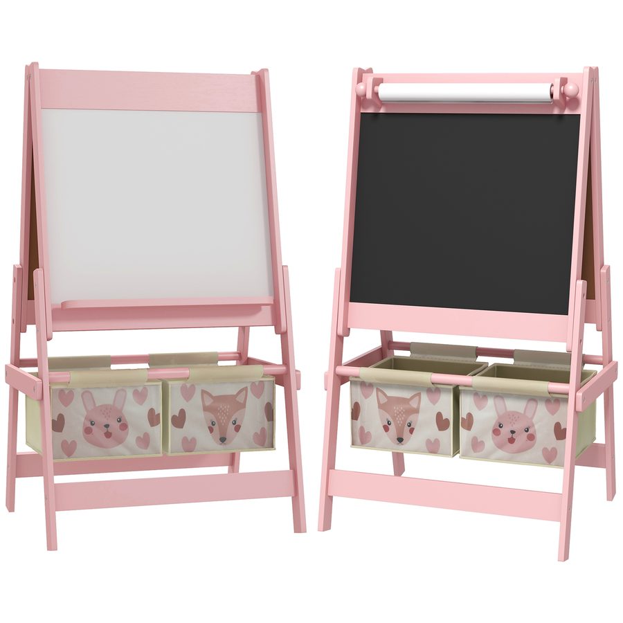 AIYAPLAY Kindertafel, 3 in 1 Kinder Staffelei, Standtafel mit Papierrolle, Aufbewahrungskörbe, Whiteboard, 54 x 46,5 x 93 cm, rosa  Aosom von AIYAPLAY