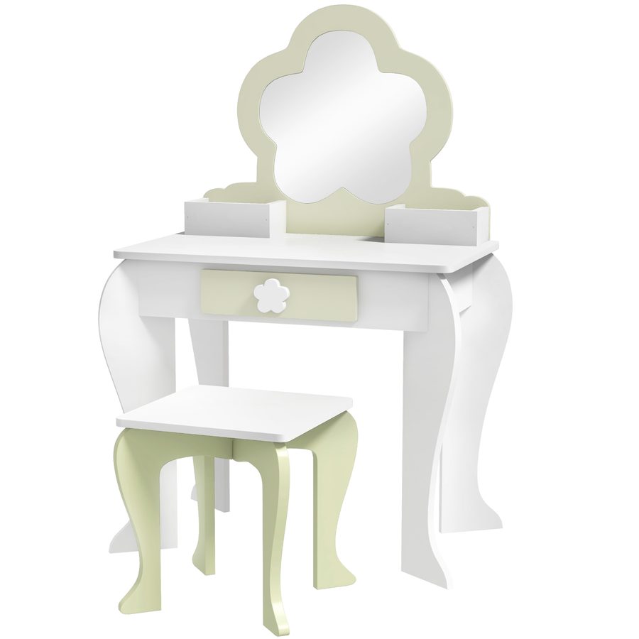 ZONEKIZ Set Kinderschminktisch mit passendem Hocker, Schminktisch aus Holz mit Schublade und Behältern, Blumenspiegel, Weiß   Aosom von ZONEKIZ