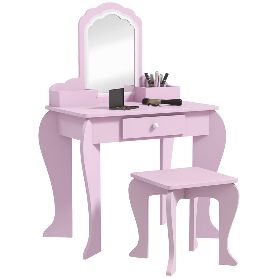 ZONEKIZ Set Kinder Schminktisch mit passendem Hocker, Schminktisch aus Holz mit Schublade und Behältern, Wolkenförmiger Spiegel, Rosa   Aosom von ZONEKIZ
