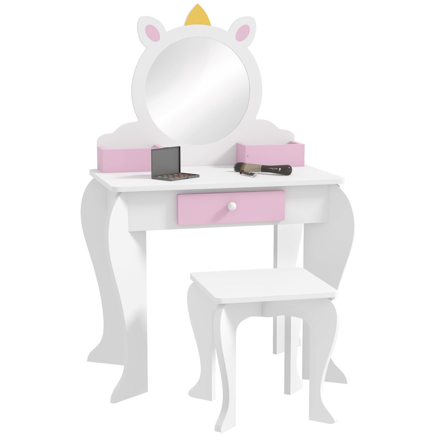 ZONEKIZ Kinder-Schminktisch mit Hocker und Spiegel, Schminktisch für Mädchen mit Schublade, Fächern, Einhorn-Design, Schminktisch für Kinder 3-6 Jahre, Weiß   Aosom von ZONEKIZ