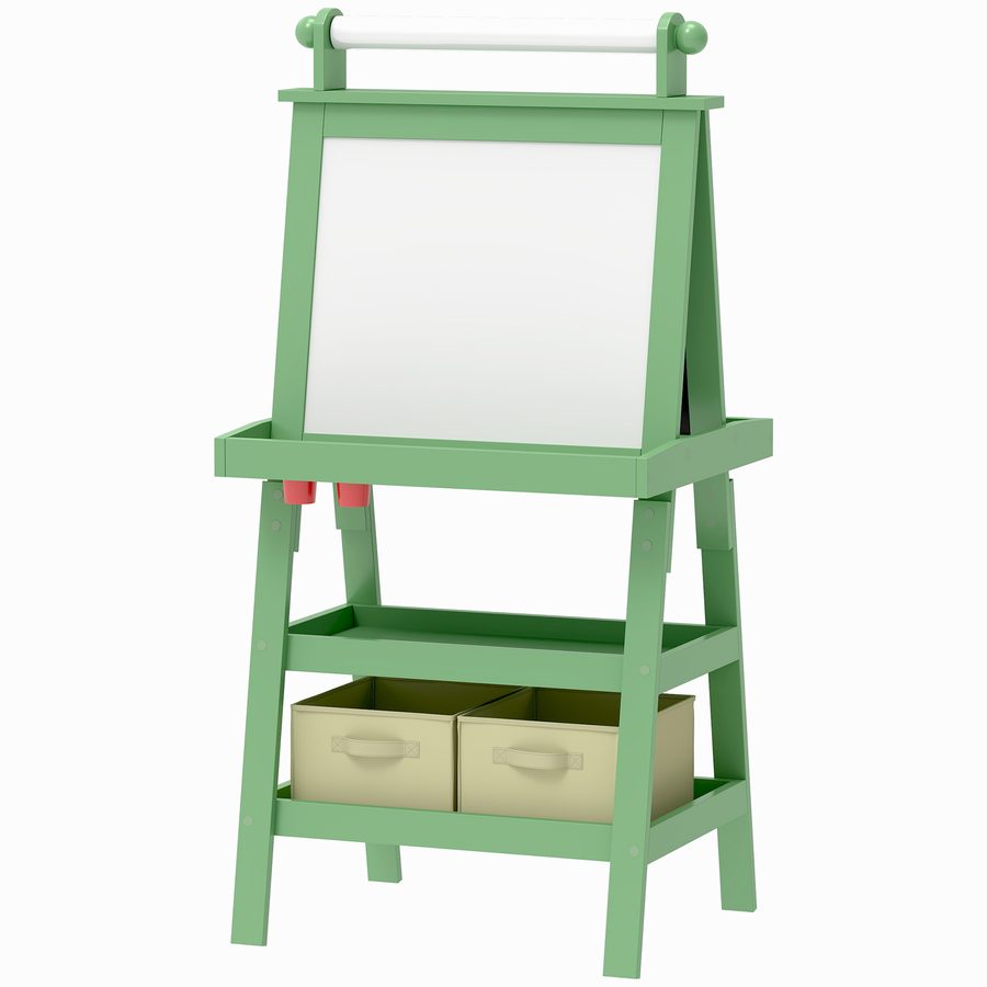 AIYAPLAY Kinder-Malereiständer 3-in-1 Doppelseitiger Malereiständer für Kinder mit magnetischer weißer und schwarzer Tafel - Papierrolle + 2 integrierte Aufbewahrungskörbe - Holz grün für 3-6 Jahre   Aosom von AIYAPLAY