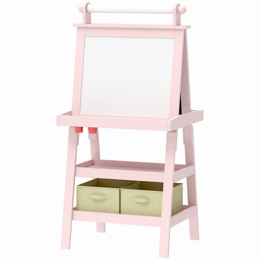 AIYAPLAY Kinder-Malständer 3-in-1 doppelseitige Tafel für Kinder mit magnetischer weißer und schwarzer Tafel - Papierrolle + 2 integrierte Aufbewahrungskörbe - Holz in Rosa für 3-6 Jahre   Aosom von AIYAPLAY