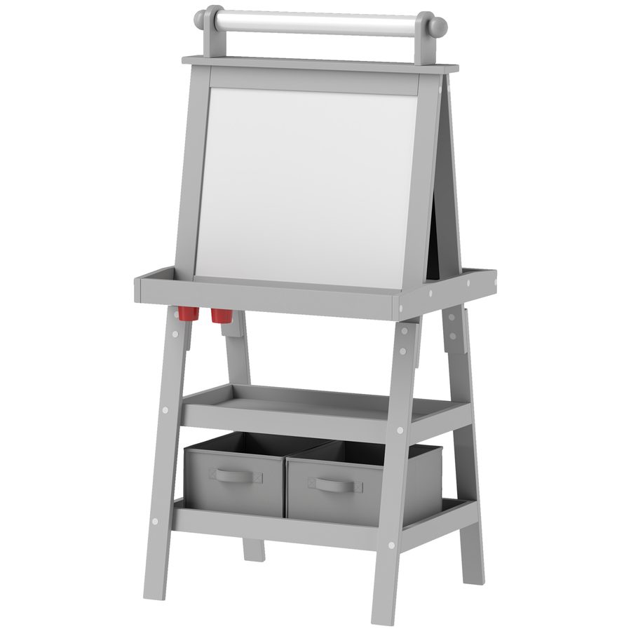 AIYAPLAY Kinderklappstaffelei 3 in 1 doppelseitige Kinderstaffelei mit magnetischer weißer Tafel Kreidetafel - Papierrolle + 2 integrierte Aufbewahrungskörbe - Kinder 3-6 Jahre in Grau   Aosom von AIYAPLAY