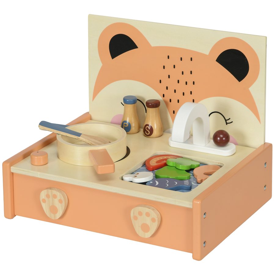 AIYAPLAY Mini-Küche aus Holz Kinderküche Fuchsmuster Rollenspiel für Kinder mit 12 Zubehörteilen Pfanne Pfannenwender Gewürzflaschen Obst Gemüse - für 3-5 Jahre   Aosom von AIYAPLAY