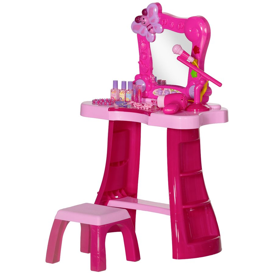 AIYAPLAY Kinderschminktisch 15 teilig, Schminktisch mit Hocker und Spiegel, Licht, Musik, Mikrofon, Haartrockner, Aufbewahrungsfach, für Mädchen von 3-6 Jahren, Himbeerrosa   Aosom von AIYAPLAY