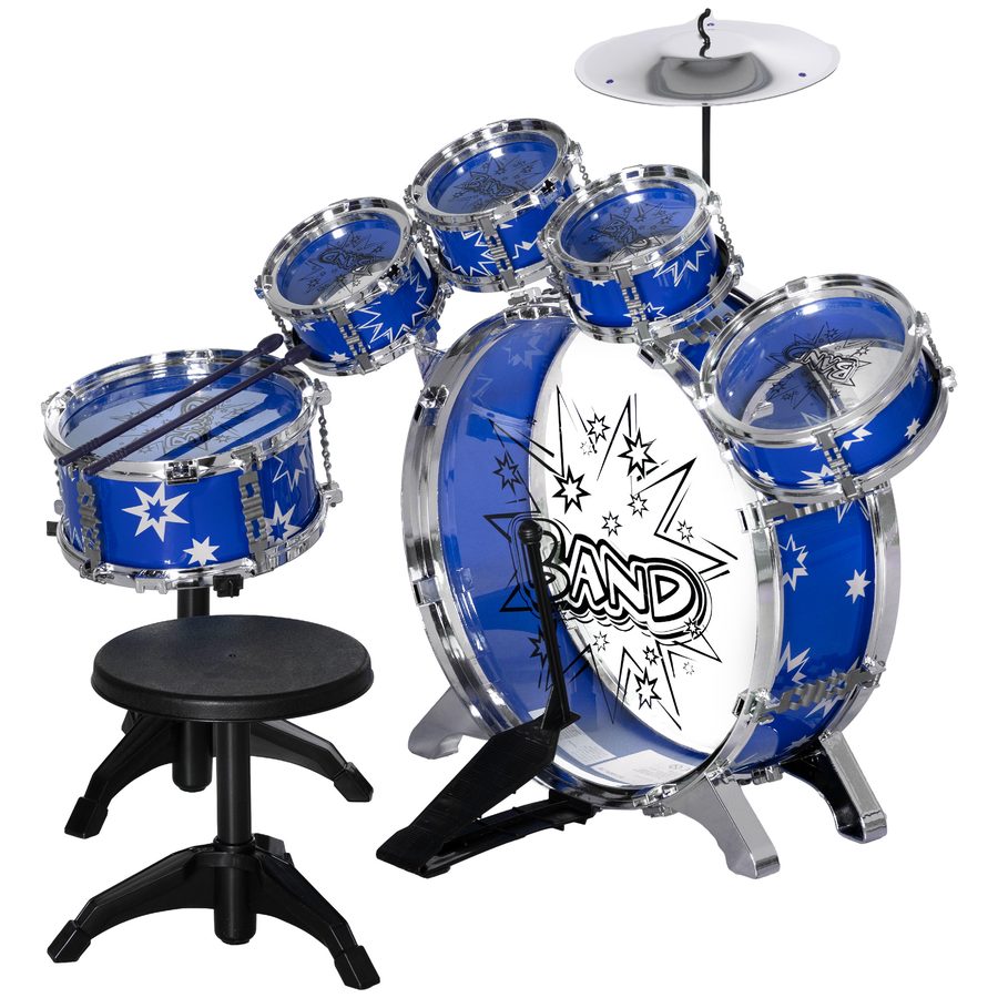 AIYAPLAY Set Schlagzeug für Kinder mit Bassdrum mit Pedal, mittleren und kleinen Trommeln, Becken und Hocker, Musikspielzeug für Kinder von 3-6 Jahren, Blau   Aosom von AIYAPLAY