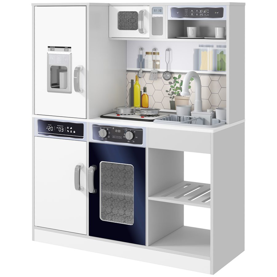 AIYAPLAY Kinderküche Spielküche mit Lichtern und Geräuschen Kochherd, fließendes Wasser, Kaffeemaschine, Kühlschrank, Mikrowelle, Eiswürfelmaschine, Küchenzubehör für 3-8 Jahre Kinder, Weiß   Aosom von AIYAPLAY