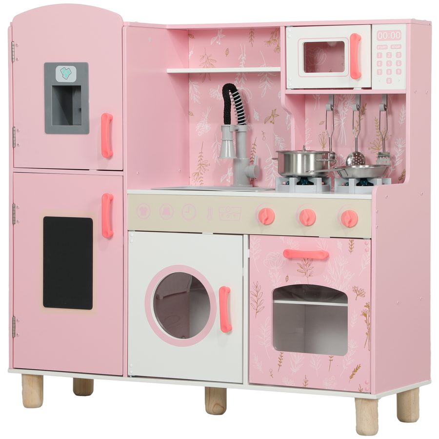 AIYAPLAY Kinderspielküche, Holzspielküche mit Herdplatten, Licht und Sound, Backofen, Mikrowelle, Eismaschine, Waschmaschine, Wasserhahn, Spüle und Zubehör, ab 3 Jahren, Rosa   Aosom von AIYAPLAY