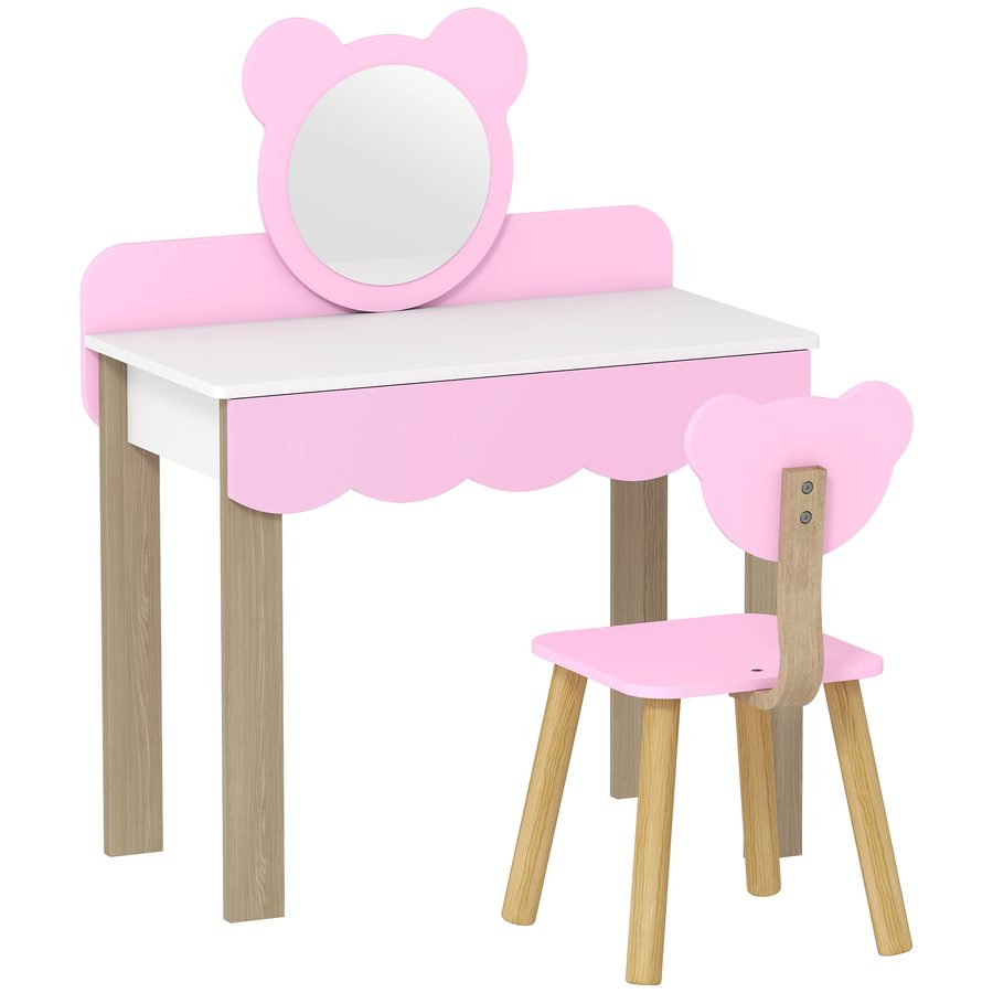 AIYAPLAY Kinder Schminktisch Set Frisiertisch mit Hocker Spiegel Schubladen Zubehör, Make-up Tisch Set im Bärendesign, Kinderschminktisch Prinzessin Kosmetiktisch für Mädchen 3-8 Jahre Rosa   Aosom von AIYAPLAY