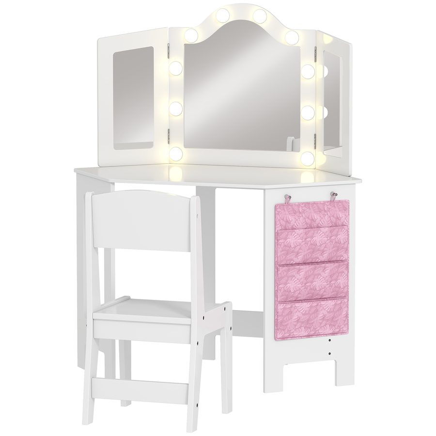 AIYAPLAY Kinder-Schminktisch mit Hocker, Mädchen-Schminktisch mit 2‑farbigen LED-Lichtern, dreifach klappbarem Spiegel und Seitentasche, Make-up-Tisch für Kinder 3–8 Jahre, Weiß   Aosom von AIYAPLAY