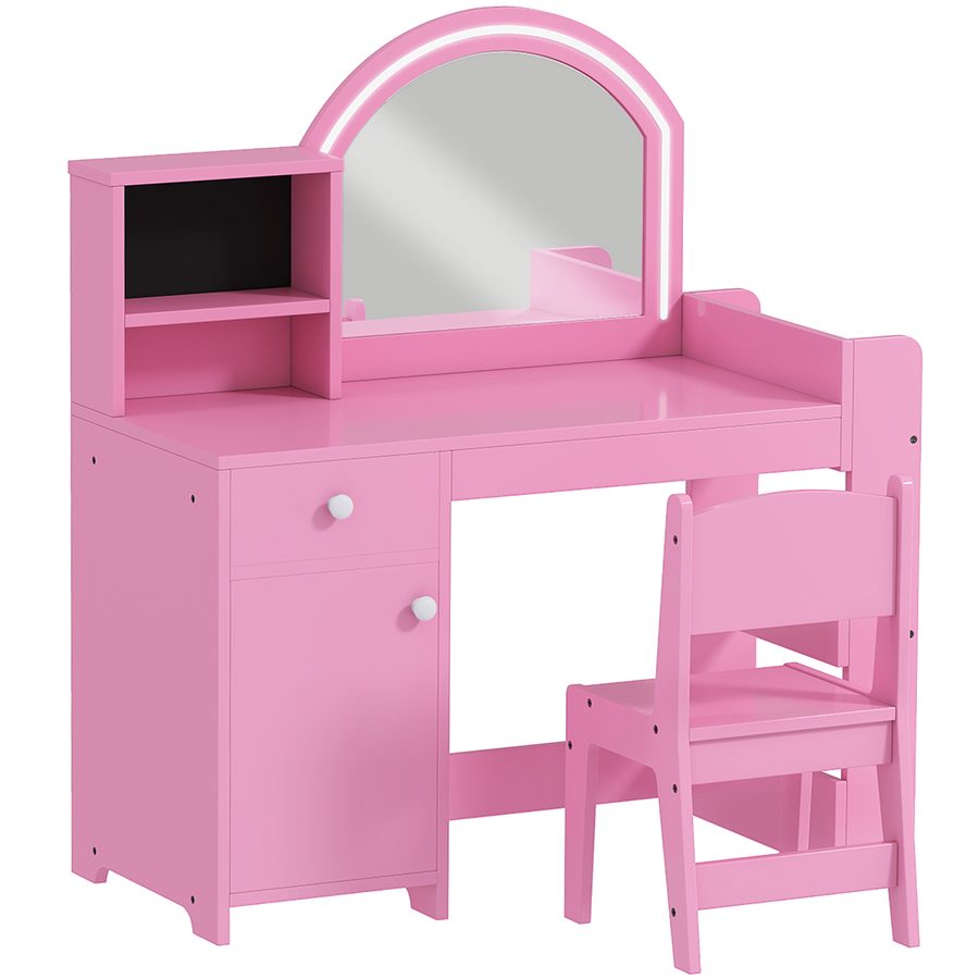 AIYAPLAY Schminktisch für Kinder mit Hocker und LED-Spiegel, Holz-Schminktisch für Mädchen mit Schublade, Schrank, 2 offenen Fächern und 3 Regalen, Schminktisch für 3 bis 8 Jahre, rosa   Aosom von AIYAPLAY