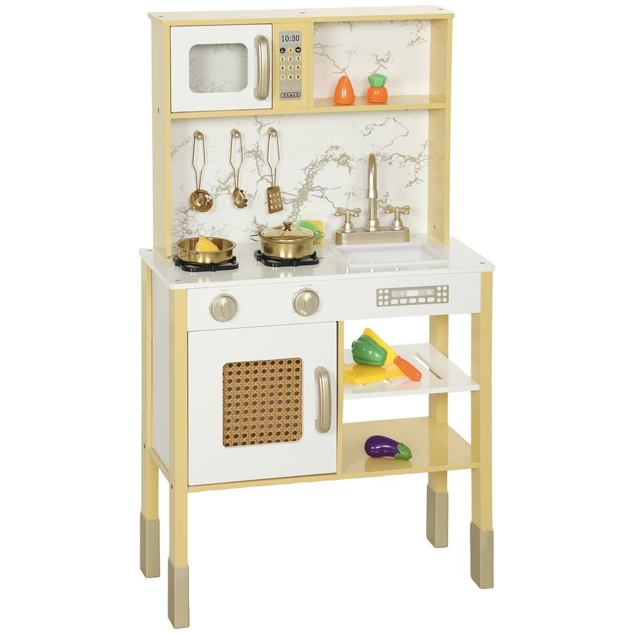 AIYAPLAY Holzspielküche mit Sound, Kinderküche mit Edelstahl-Zubehör, Mikrowelle, Ofen, Spüle, Gemüse zum Schneiden, für Kinder ab 3 Jahren, Gold   Aosom von AIYAPLAY