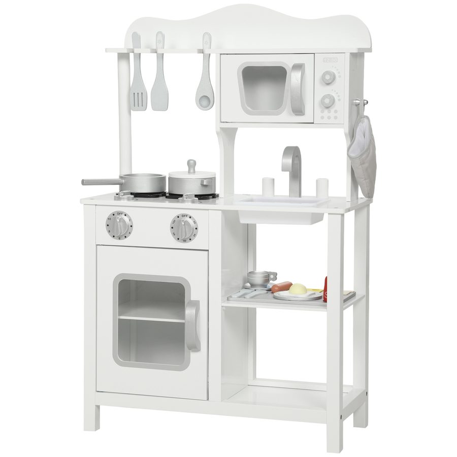 AIYAPLAY Holz-Spielküche mit Geräuschen, Kinderküche mit Zubehör, Spüle, Mikrowelle und Kochfeld, Spielzeug für Kinder ab 3 Jahren, 55x24x86 cm, Weiß   Aosom von AIYAPLAY