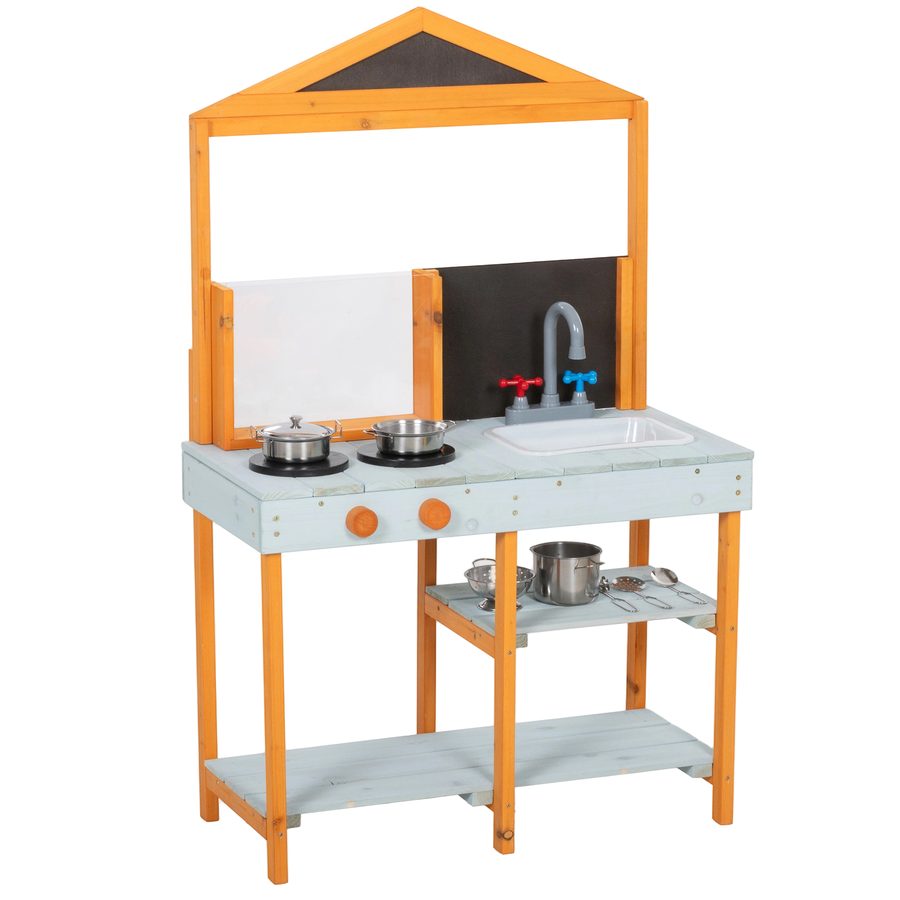 AIYAPLAY Matschküche Kinder Outdoor Spielküche Holz mit Herd Abnehmbarer Spüle Regalen Kinderküche mit 4 Edelstahlschüsseln 3 Schaufeln Outdoorküche für Kinder von 3-8 Jahren, Hellblau   Aosom von AIYAPLAY