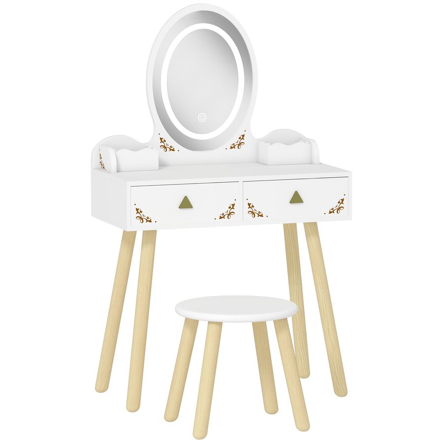 AIYAPLAY Schminktisch für Mädchen mit 3‑farbigem LED-Licht, 2-in-1, Schreibtisch, Kinderschminktisch mit Hocker, Spiegel, 2 Schubladen, 2 Aufbewahrungsboxen, für Kinder ab 3 Jahren, Weiß   Aosom von AIYAPLAY