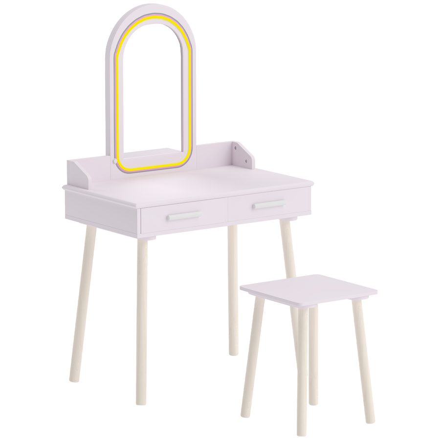 AIYAPLAY Kinder Schminktisch Set 2 in 1 Frisiertisch Schreibtisch mit LED-Spiegel in 3 Lichtfarben 2 Schubladen Hocker, Breiter Make-up Tisch aus Holz Kinderschminktisch für Mädchen 3-8 Jahre Rosa   Aosom von AIYAPLAY