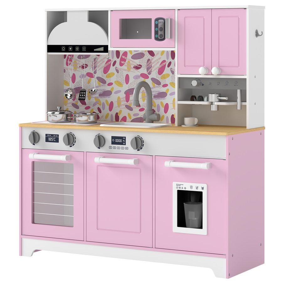 AIYAPLAY Holz-Spielküche für Kinder mit Kapselkaffeemaschine, Eismaschine, Edelstahl-Zubehör, Spüle, Herd, Mikrowelle, Backofen, Klick-Drehreglern für Kinder 3-8 Jahre Rosa   Aosom von AIYAPLAY