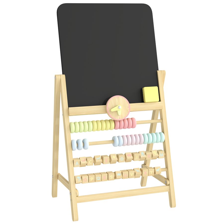 AIYAPLAY Abwischbare Kindertafel doppelseitig, Holztafel mit Staffelei, abnehmbare Uhr, integrierter Abakus, Schwamm, ab 2 Jahren, Holzfarben   Aosom von AIYAPLAY