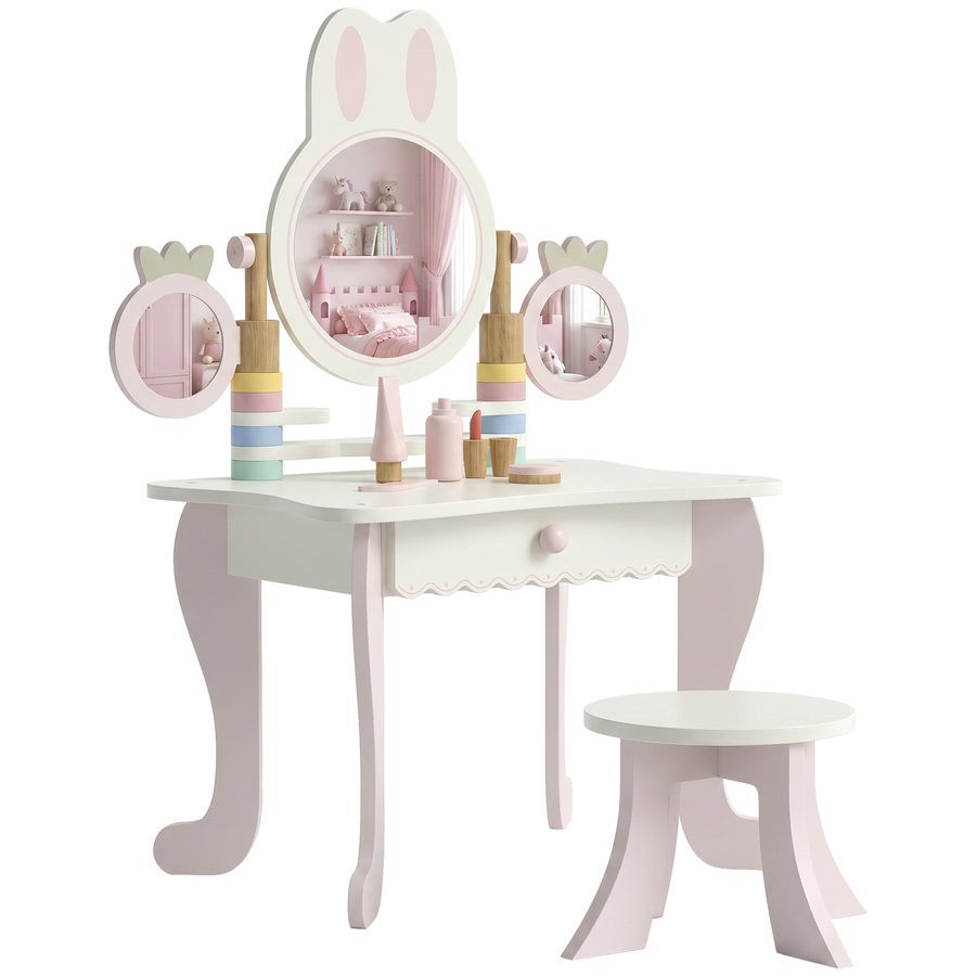 AIYAPLAY Schminktisch für Mädchen mit Hocker, Dreifachspiegel, Schublade und 5 Kiefernholz-Accessoires, Schminkspiegel aus Holz, Schminkstation für Mädchen ab 3 Jahren fürs Kinderzimmer, Rosa   Aosom von AIYAPLAY
