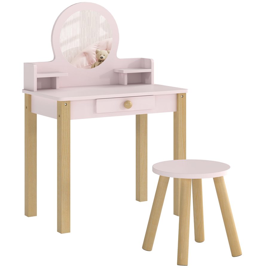 AIYAPLAY Schminktisch für Mädchen, Kinderschminktisch mit Hocker und Spiegel, Schublade und 2 offenen Regalfächern, für Kinder von 3 bis 6 Jahren, Rosa   Aosom von AIYAPLAY