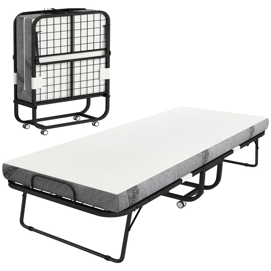 HOMCOM Klappbett 90x200 cm Erwachsene Gästebett Klappbar mit 10 cm Dicker Schaumstoff Feldbett mit Stahlrahmen Reisebett mit Rollen bis 150 kg belastbar   Aosom von HOMCOM