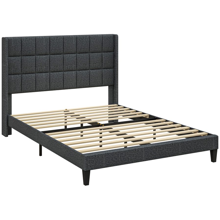 HOMCOM Gepolstertes Bett 135x190 cm mit gepolstertem Kopfteil mit Ohren und Stauraum, Doppelbett-Rahmen mit Holzlattenrost, modernes Design, einfache Montage, Grau   Aosom von HOMCOM