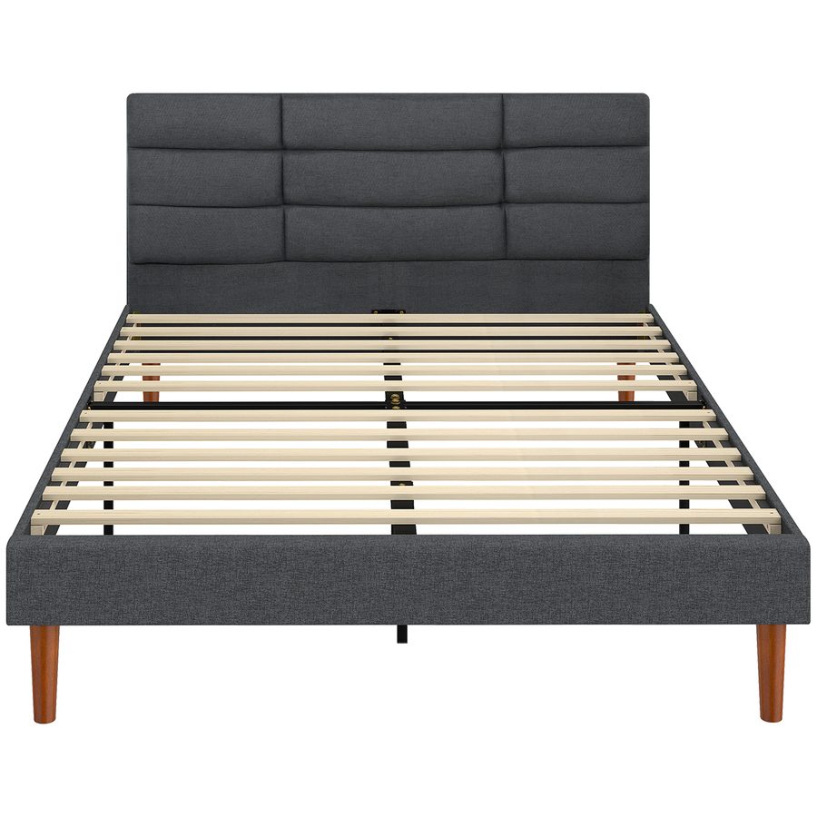 HOMCOM Polsterbett 140x200 cm mit gepolstertem Kopfteil und Unterbett-Stauraum, Doppelbettgestell mit Holzlatten, modernes Design, einfache Montage, Grau   Aosom von HOMCOM