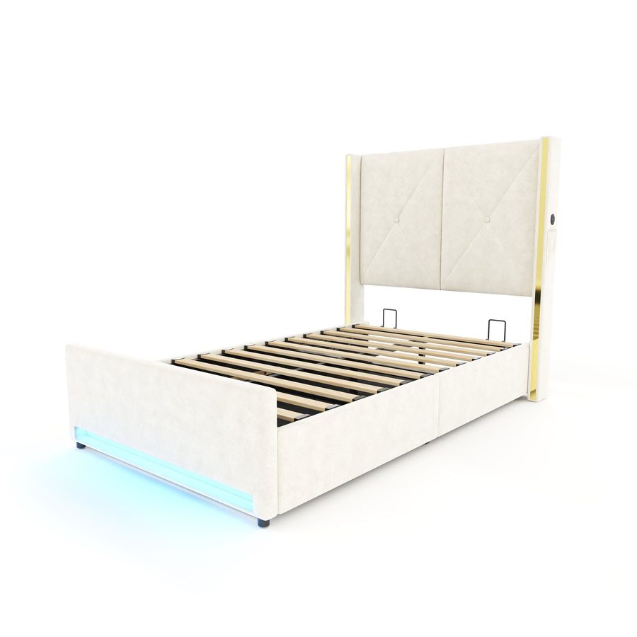 Stoffbett mit gepolstertem und gestepptem Kopfteil, Seitentaschen, 100x213x141 cm, Beige