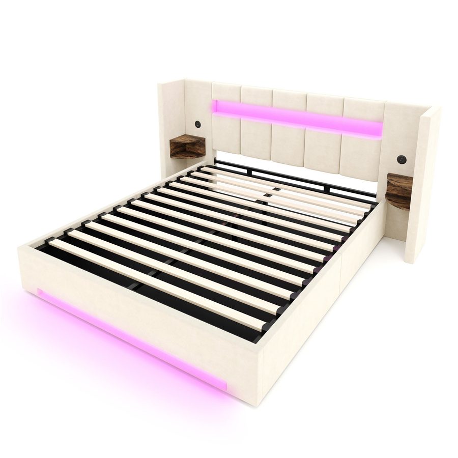 Multifunktionaler Stoffbettrahmen mit beidseitigen Retro-Nachtschränken, stimmungsvollen LED-Lichtstreifen, 225x212x103 cm, Beige