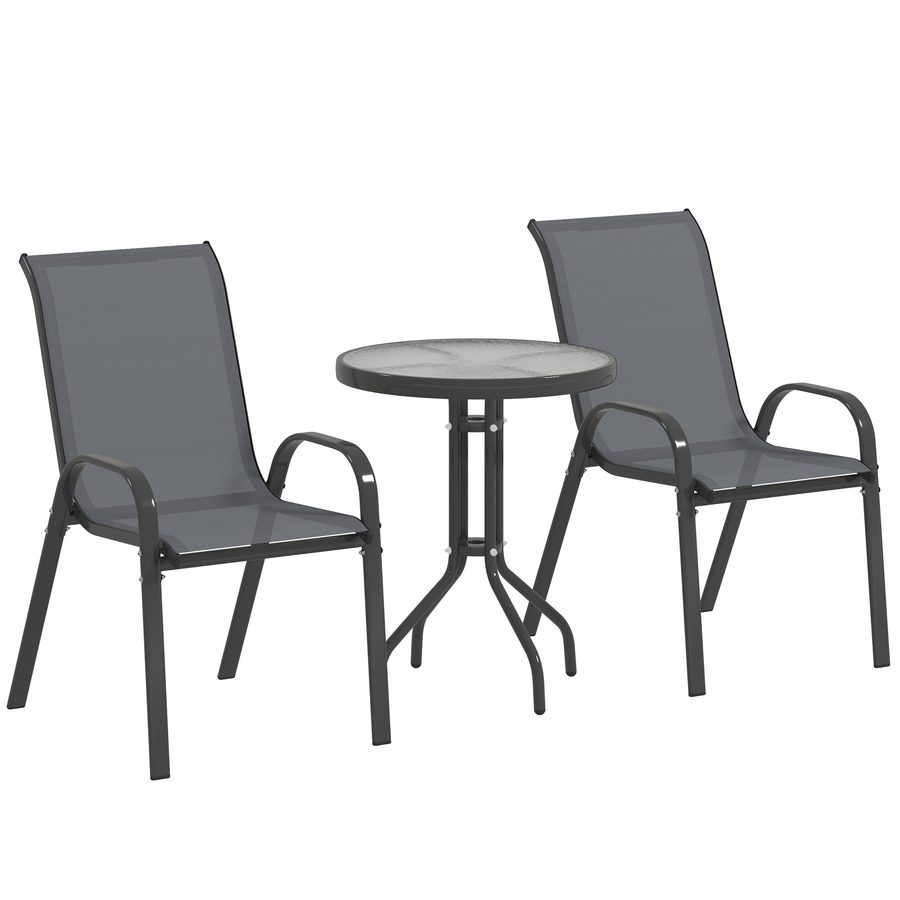 Outsunny Bistro-Set 3-teilig Wetterfest Gartenmöbel Set mit Glastisch Stapelbare Gartenstühlen Outdoor Balkonmöbel Set Sitzgruppe Balkonset Gartengarnitur Dunkelgrau   Aosom von Outsunny